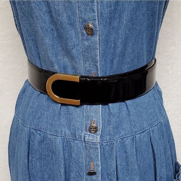 VINTAGE 1970s Talbots Mid Wash Oversized Button Up Belted Bow Denim Dress Medium - Picture 7 of 15